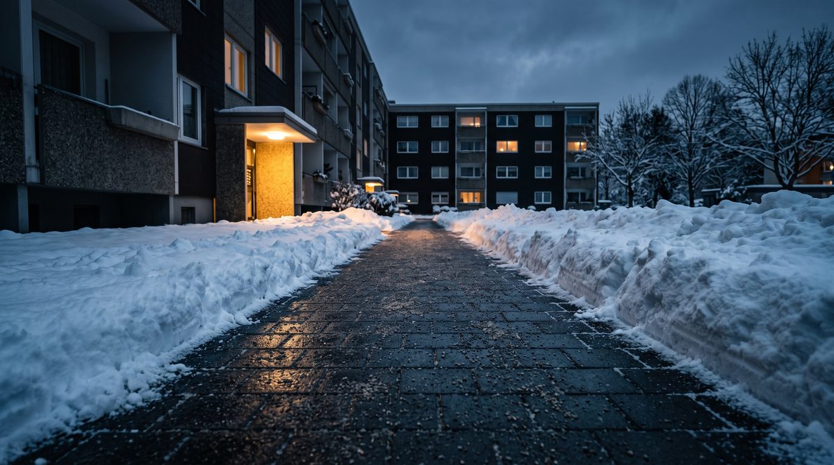 Geräumter und gestreuter Gehweg vor einem Wohngebäude